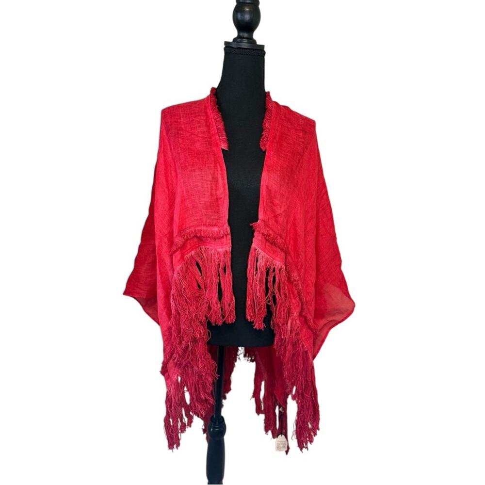 NWT Red Linen Fringe Shawl Light Weight Flowy